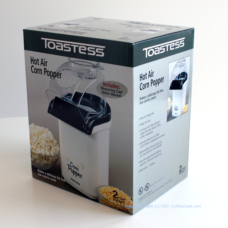 A box for a toastess hot air corn popper.