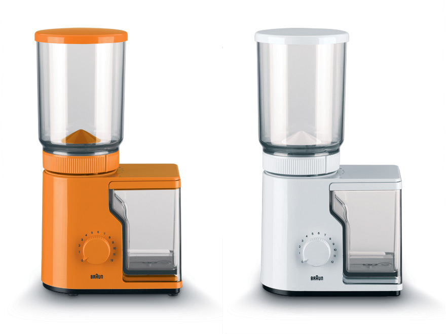 The Braun KMM 10 Grinder from the 1970s in orange and white.
