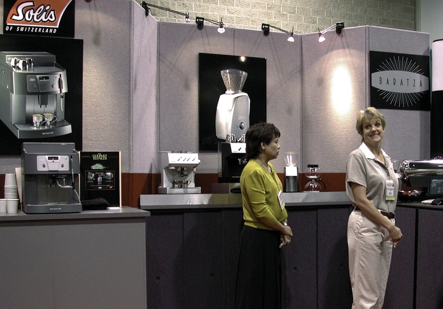 A photo showing the Baratza booth at the 2002 Specialty Coffee Expo