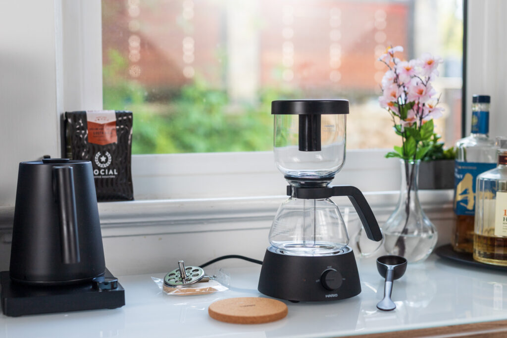 The Hario Electric Siphon Coffee Maker has a nice low profile and fits nicely on most counters.