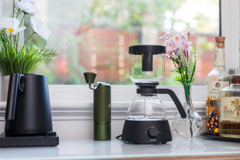 The Hario Electric Siphon Coffee Maker has a nice low profile and fits nicely on most counters.