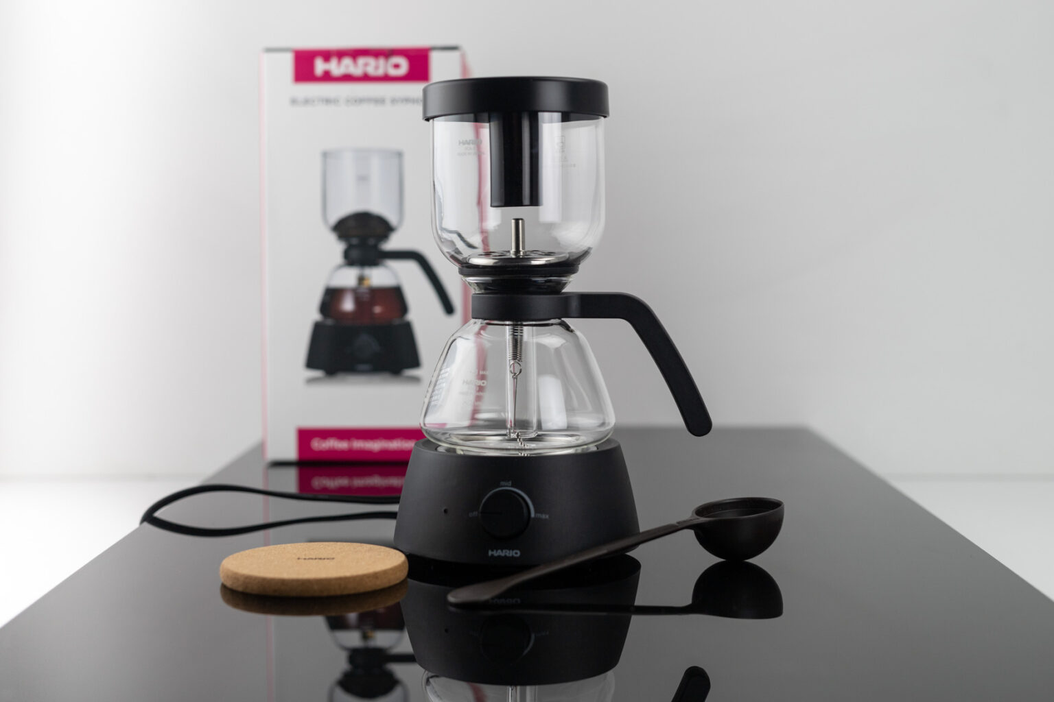 The Hario Electric Coffee Siphon, set up and ready for use.