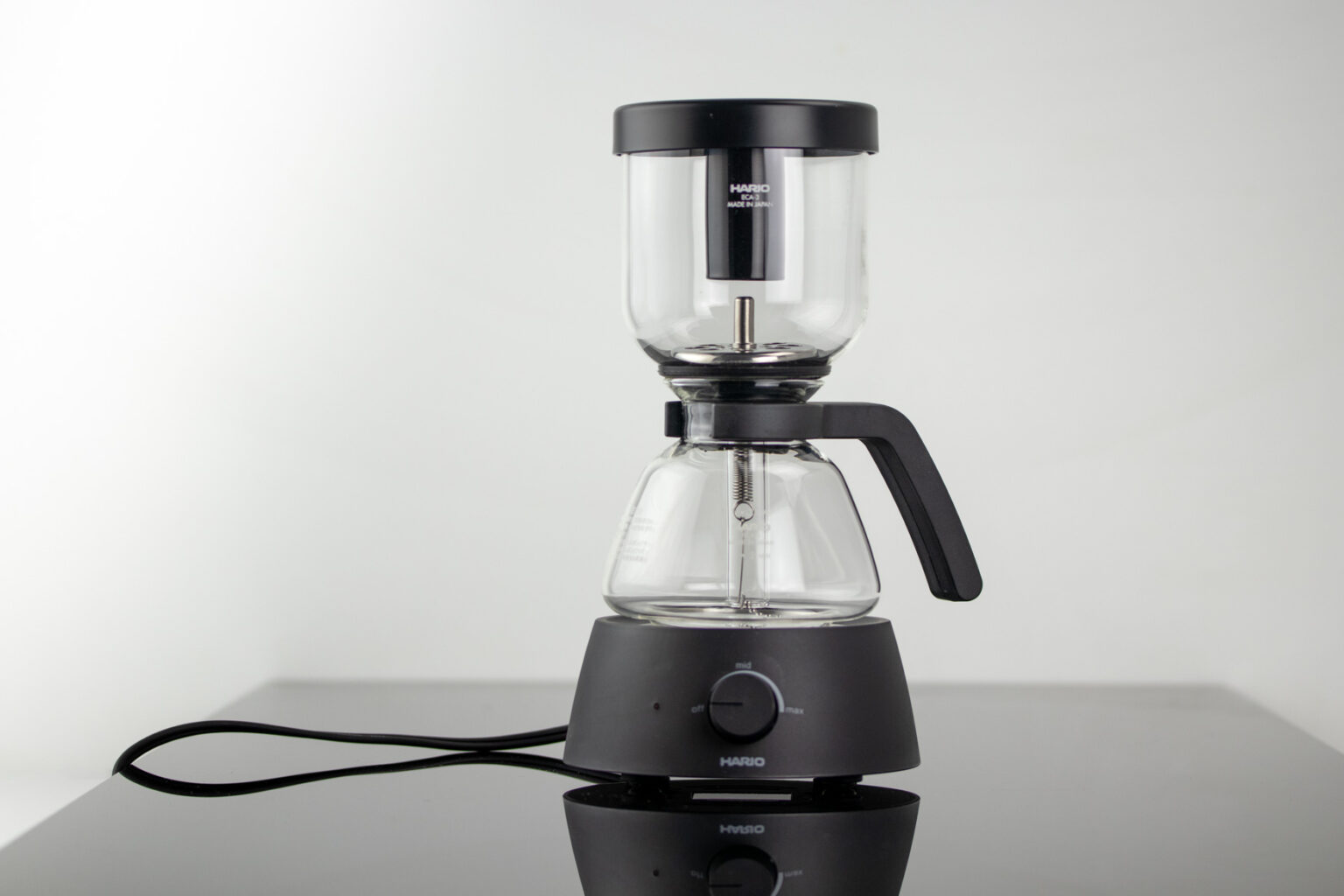 The Hario Electric Coffee Siphon (ECS) fully assembled and ready to brew.