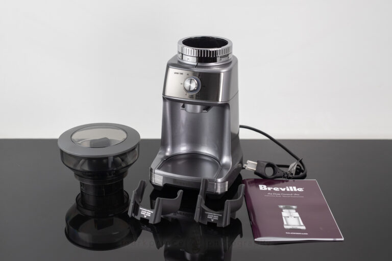 The parts of the Dose Control Pro. Missing is the hidden Razor device. which is inside the removable base of the grinder.
