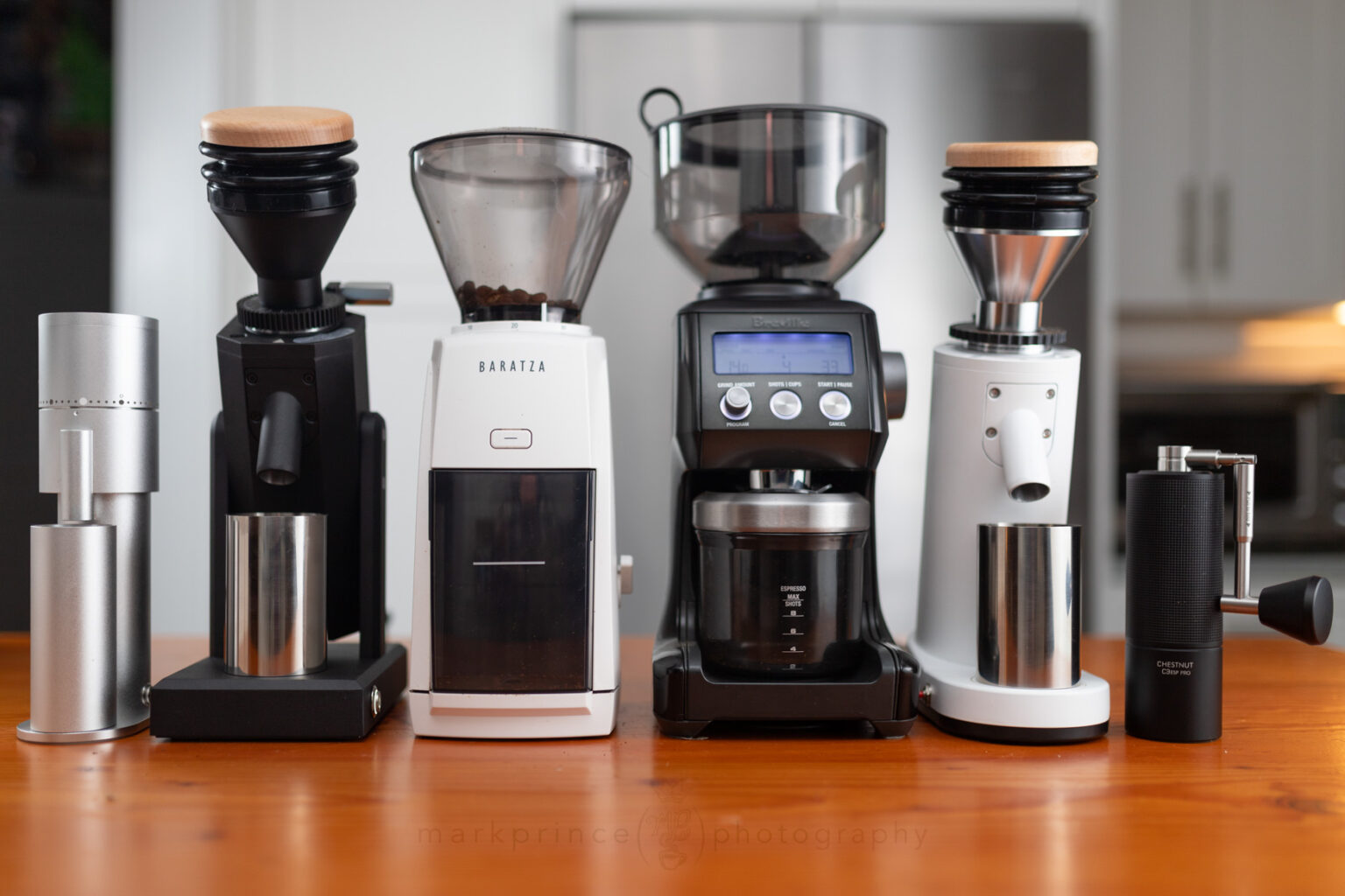 We compared the Encore ESP with the original Encore, Smart Grinder Pro, Lagom Mini and Timemore C3 (all pictured), and briefly against the Turin SK40 and SD40.