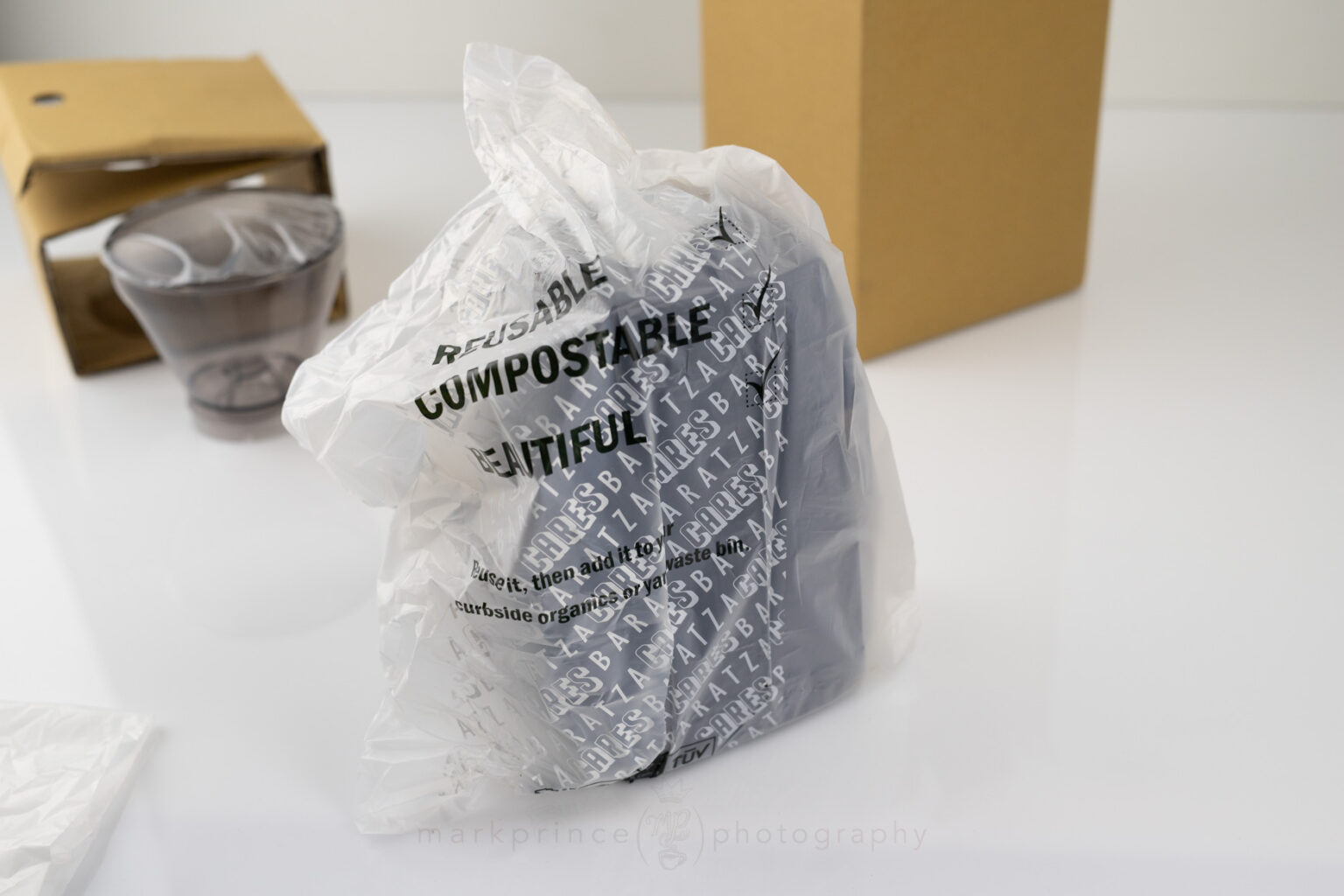 The main body removed from the box, wrapped in a compostable bag.