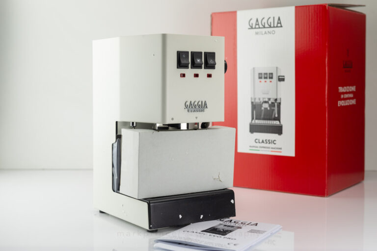 The Gaggia Classic Evo Pro, removed from its box, and most styrofoam pebbles removed (it was very static-laden).