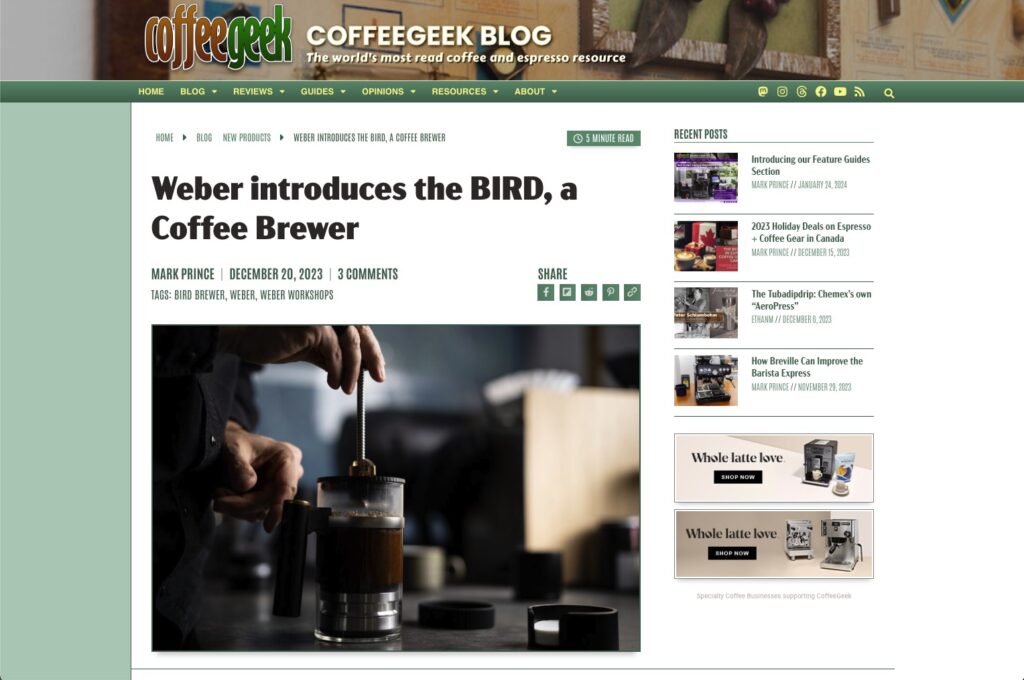 Screen capture of a typical blog entry on the new CoffeeGeek website, showing titles, breadcrumbs, photo, and other recent content.