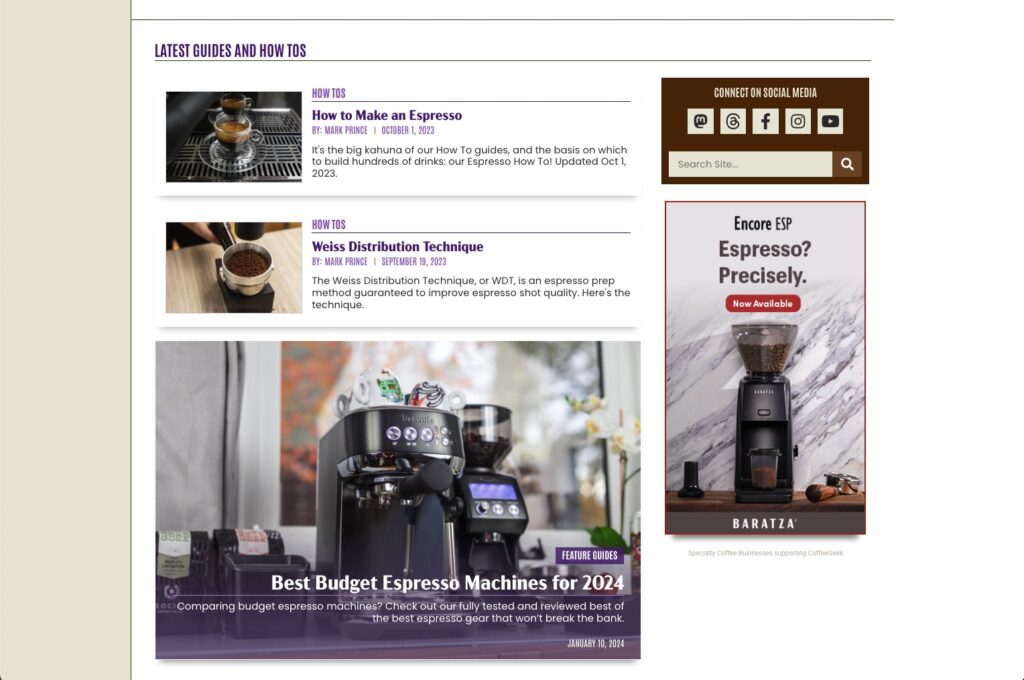 Screen capture of the CoffeeGeek website front page, midway down, showing guides listings