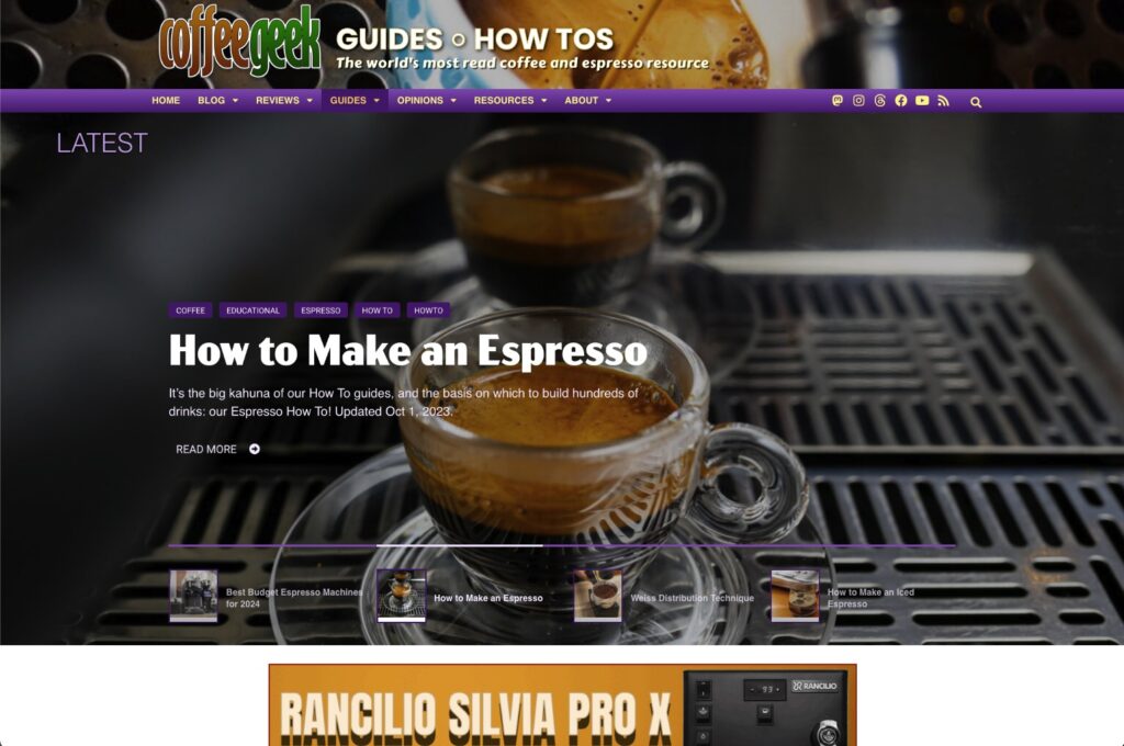The landing page for guides on CoffeeGeek, featuring highlighted new content.