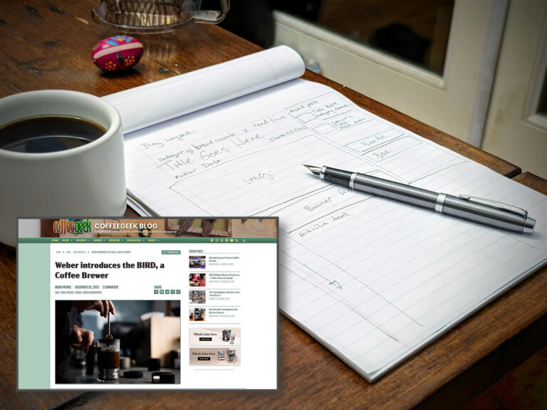 Designing the new CoffeeGeek website for 2024, showing a sketchpad with the sketched layout of the blog post design, and a screenshot of the finished design.