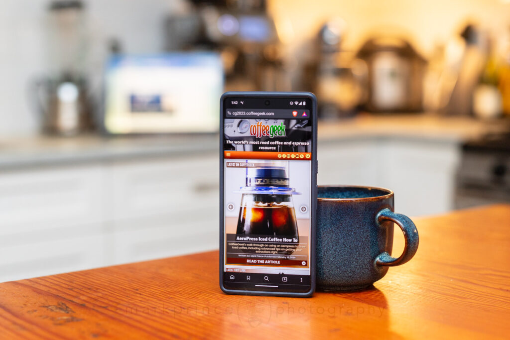 The CoffeeGeek site for 2024, as it looks on a smartphone display.