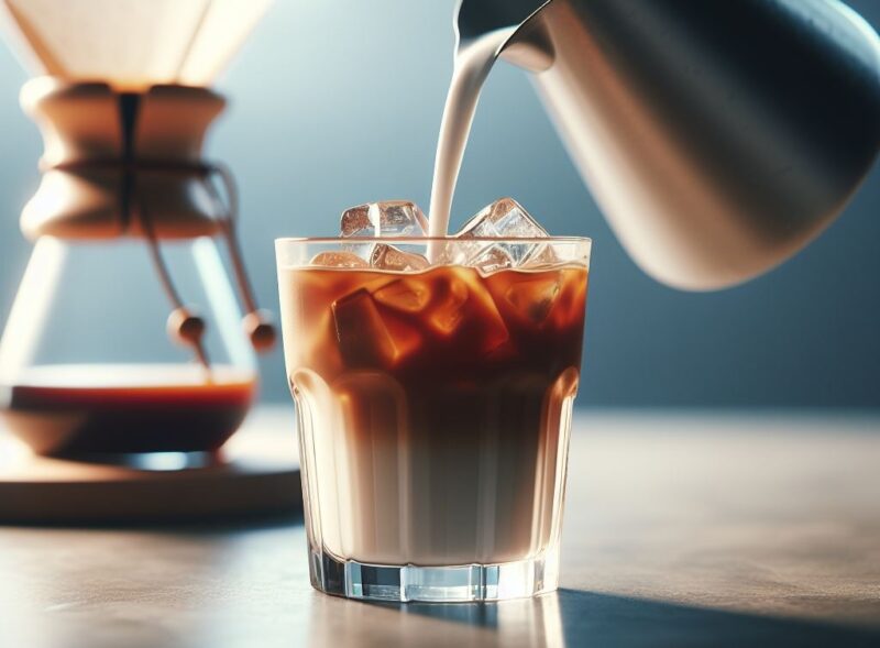 Pouring cream into an iced coffee