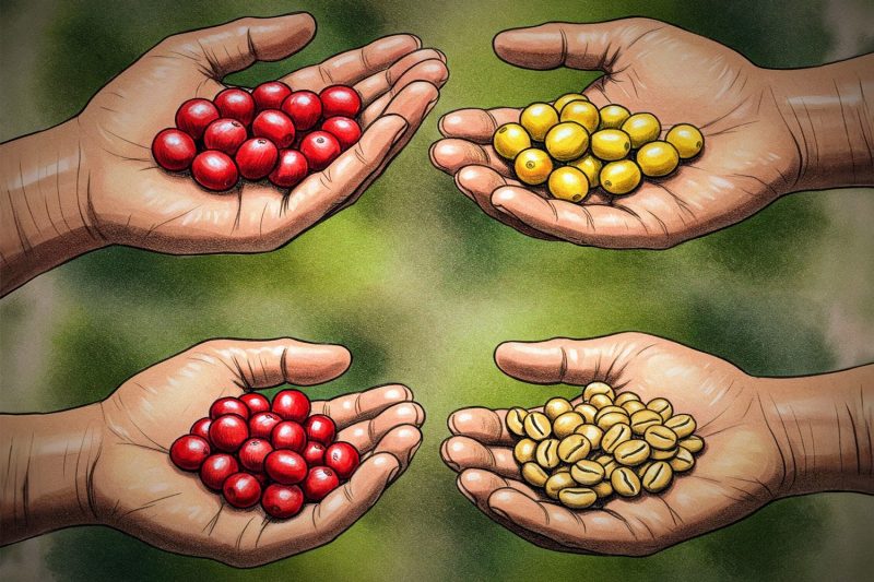 Illustration of hands holding various types of coffee cherries