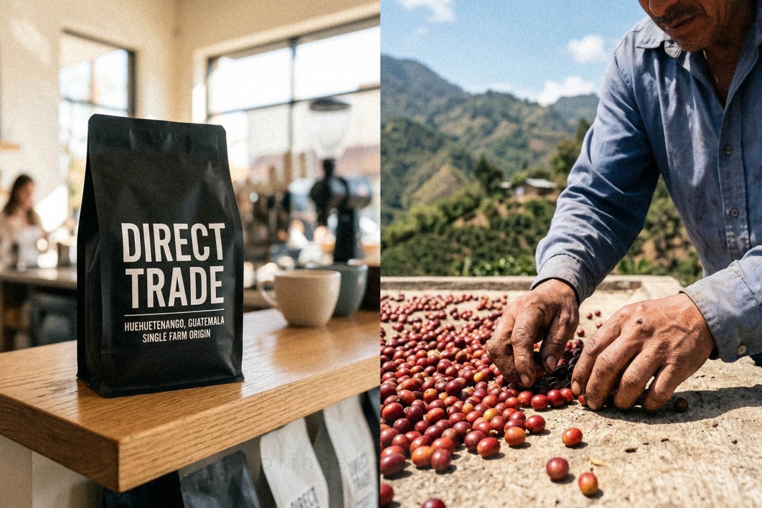 Direct Trade Coffee Bag vs Coffee Farmer Sorting Coffee Cherries