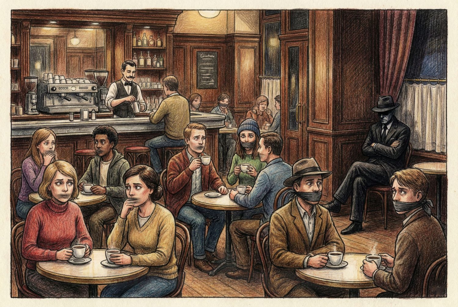 An illustration showing patrons in a cafe, with their mouths muffled and blocked from saying anything that might upset the authorities.